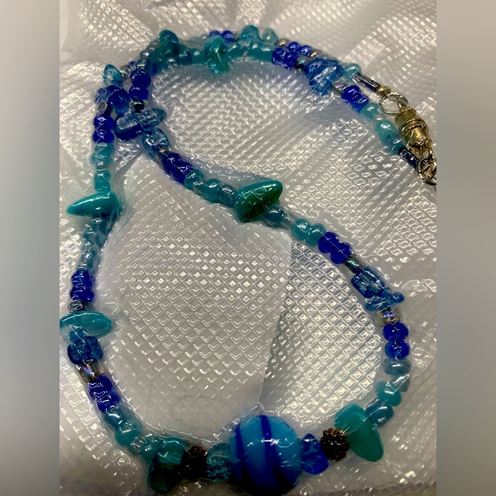 Hand crafted by D.B. Choker glass bead Necklace Blue and til green.